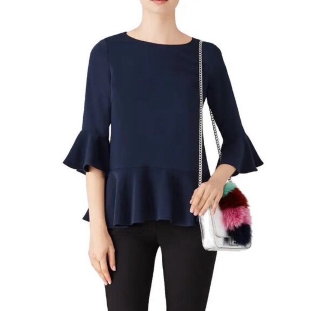 LN Jude Connally Flounced Navy Blue Bell Sleeve Peplum Ponte Knit Top - S